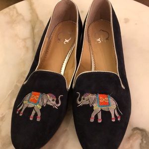 Navy Suede Elephant Embroidered Flats- New